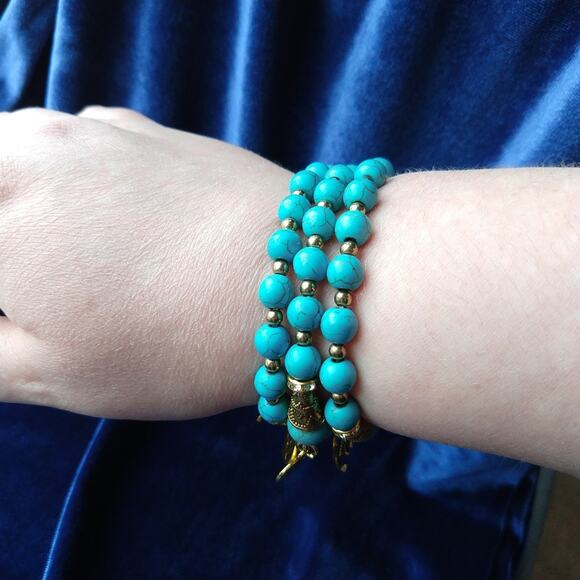 Turquoise Arm Stack 3 Bracelet Set blue beads gold Love & Anchor charms - Picture 3 of 8